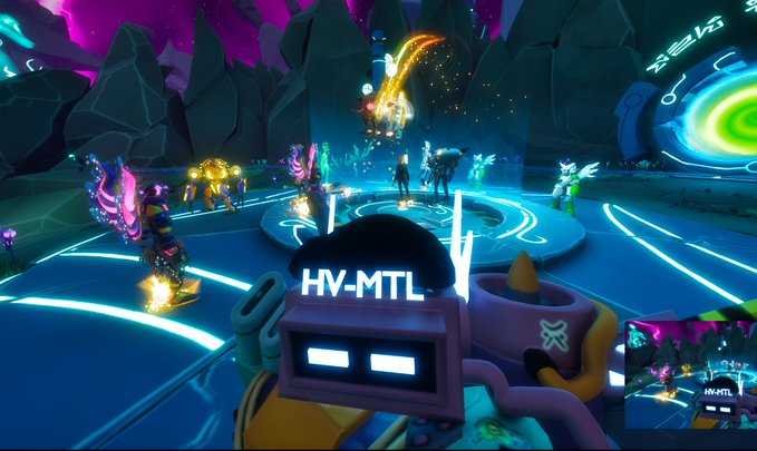 A screenshot from a video game showing a futuristic arena with glowing neon lines, characters in the distance, and a robot-like figure in the foreground labeled "HV-MTL".