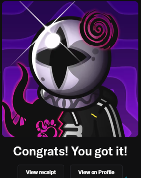 A digital card or NFT image featuring a metallic, one-eyed character with a glowing white eye, a red spiral design on its head, and a spiked collar, with the text 'Congrats! You got it!' and buttons for 'View receipt' and 'View on Profile'.