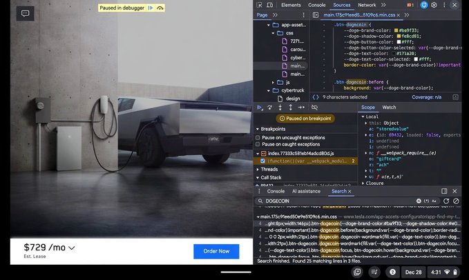 A screenshot shows a Tesla Cybertruck displayed in a web browser developer tools interface, paused in debug mode, with pricing of '$729 /mo' and an 'Order Now' button, alongside CSS code for the page layout.