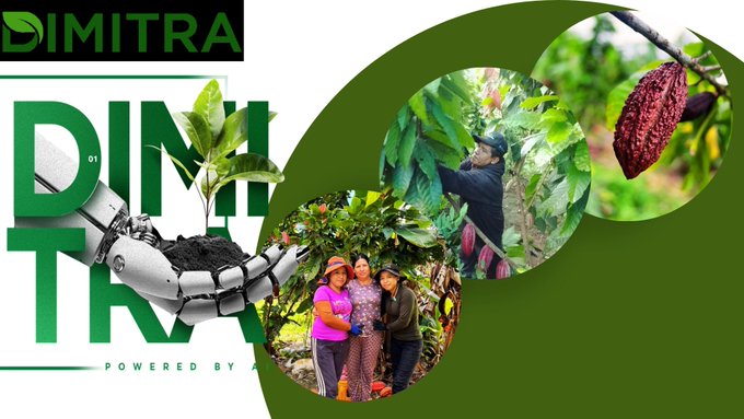 Dimitra promotional graphic for 'Dimitra' featuring a robotic hand holding soil with a sprout, alongside circular images of farmers working with cocoa and other crops.