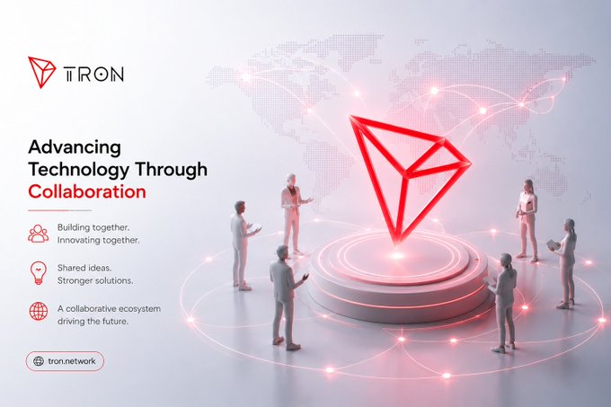 A promotional graphic for TRON with the tagline 'Advancing Technology Through Collaboration,' featuring a red TRON diamond logo on a pedestal surrounded by people in a futuristic setting with a world map backdrop.