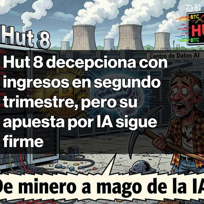 A stylized illustration depicts the Hut 8 data center with cooling towers in the background, overlaid with Spanish text reading 'Hut 8 decepciona con ingresos en segundo trimestre, pero su apuesta por IA sigue firme' and 'De minero a mago de la IA'.