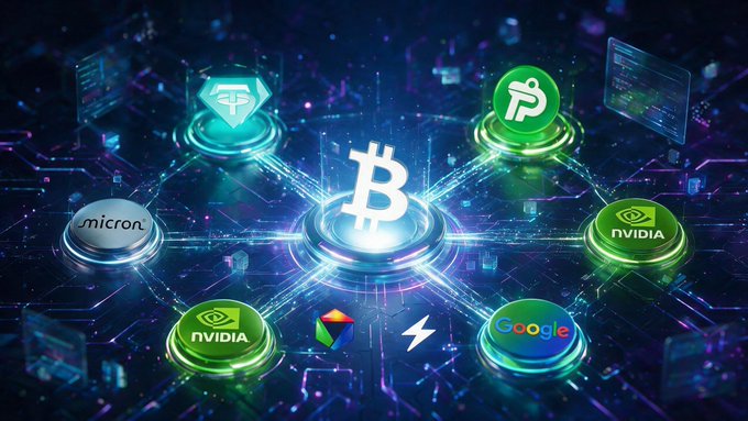 A digital illustration shows the Bitcoin logo connected to other tech/crypto icons including Tether (USDT), XRP, Google, NVIDIA, and Micron against a futuristic blue circuit board background.