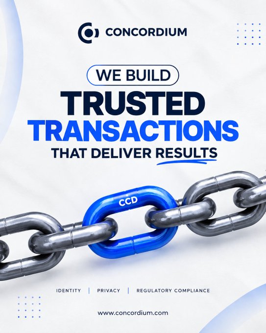A promotional graphic for Concordium with the tagline 'WE BUILD TRUSTED TRANSACTIONS THAT DELIVER RESULTS', featuring an image of a silver chain with a blue link labeled 'CCD', and the website www.concordium.com.