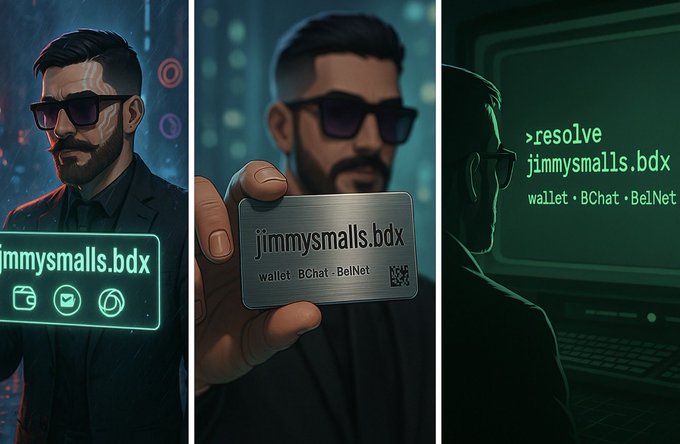 A three-panel digital illustration showing a man in sunglasses associated with the name "jimmysmalls.bdx", depicting him with a digital sign, holding a wallet card, and looking at a computer screen resolving the address.