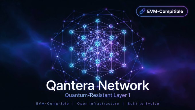 A promotional graphic for 'Qantera Network' describing it as a 'Quantum-Resistant Layer 1' with a geometric node graphic and an 'EVM-Comptible' badge.