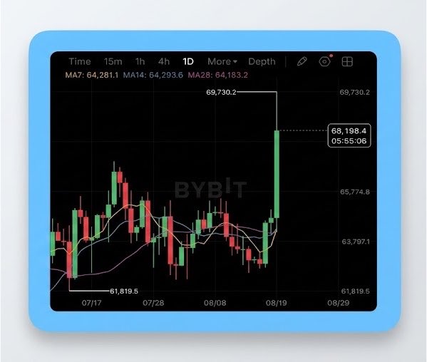 A Bybit candlestick chart shows Bitcoin's price action from 07/17 to 08/29, with a recent sharp rally to $68,198.4 on 08/19 after dipping to $61,819.5—visually reinforcing the post's point that BTC has trended upward, making "UP" the winning choice on Limitless finance prediction markets.