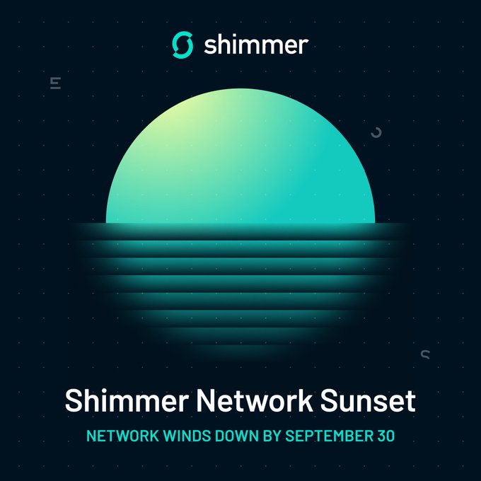 A sunset graphic with the Shimmer logo announces "Shimmer Network Sunset" with the subtitle "NETWORK WINDS DOWN BY SEPTEMBER 30," visually reinforcing the project's retirement as noted in the accompanying post stating the network will stop on September 30, 2026.