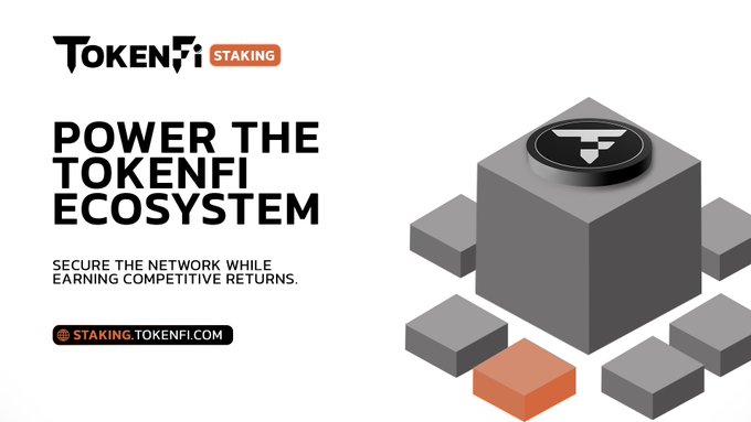 A promotional graphic for TokenFi Staking featuring the TokenFi logo, the headline "POWER THE TOKENFI ECOSYSTEM," and the tagline "SECURE THE NETWORK WHILE EARNING COMPETITIVE RETURNS" alongside a 3D illustration of gray blocks and an orange block with a TokenFi coin on top, visually reinforcing the message that staking $TOKEN supports the platform's infrastructure and rewards participants with sustainable returns.