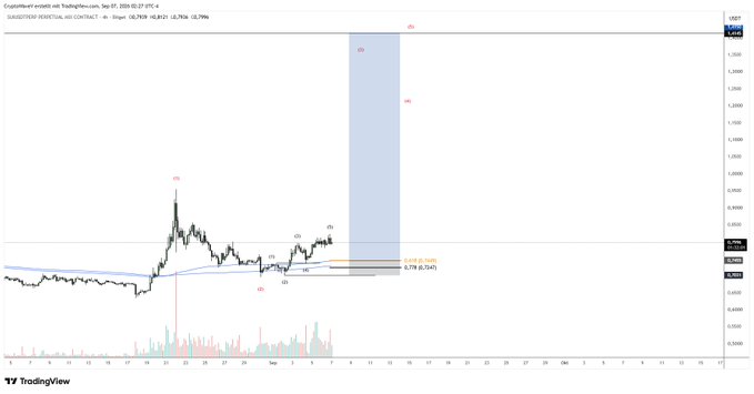 A TradingView chart showing SUSEEIDER PERPETUAL VOL on Binance, marked with Elliott Wave labels (C3, C5, (ii), (iii), 3, 4, 5) indicating a potential upward move with a projected target of 2,776.0 (12x).