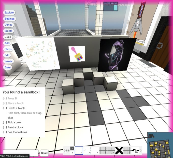 The image shows a virtual 3D sandbox environment with gray and white blocks arranged on a grid floor, featuring in-game menu options like "Explore," "Settings," "Dance," "Build," "Voxels," and "Bake," along with a text overlay reading "You found a sandbox!" that explains block placement controls. This connects to the post "The return of sandboxes." by showcasing an interactive sandbox-style game mode where players can place, delete, and paint blocks—reviving the classic creative sandbox gameplay experience.
