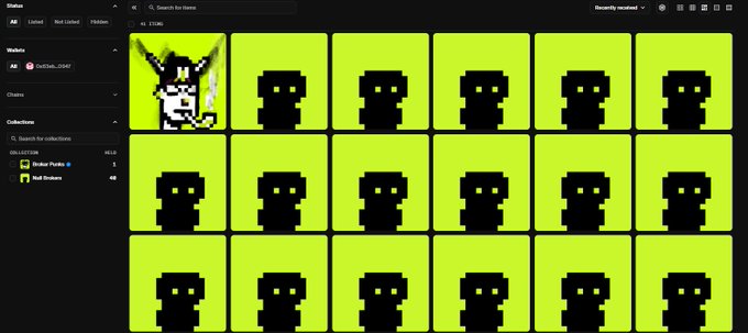 A screenshot of a NFT/profile page showing a grid of bright green tiles with pixel-art ghost/skeleton faces, with one distinct character in the top-left corner, branded 'Staked' on the left sidebar.