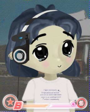 A cartoon avatar of a girl with dark blue hair and a headset, displayed in what appears to be a Bandai rhythm game interface.