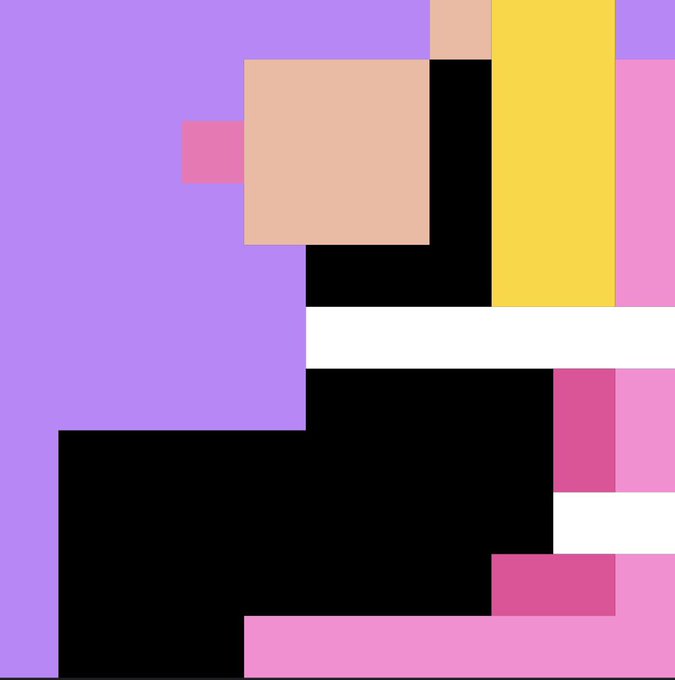 An abstract, minimalist composition of flat geometric shapes in purple, pink, yellow, black, and white, resembling a pixelated or color-blocked figure.