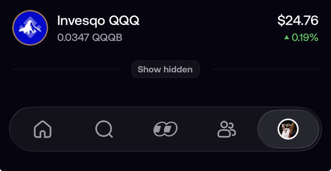 The image shows a crypto wallet interface displaying an "Invesqo QQQ" token (ticker QQGB) with a balance value of $24.76, up 0.19%. The $24.76 value shown aligns with the post's mention of receiving "$24 in QQQ" from holding the Binance Cat ($semyon) token, illustrating the small initial rewards earned from holding the meme coin.