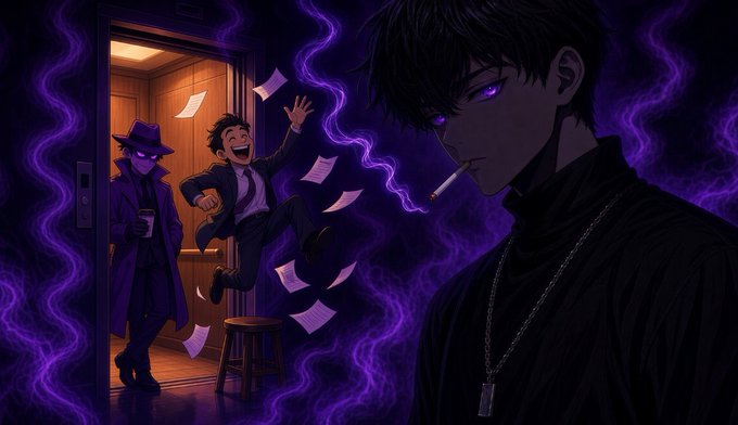 An anime-style illustration shows a purple-aura-eyed man smoking a cigarette on the right, while another character joyfully bursts out of an elevator with papers flying in the background.