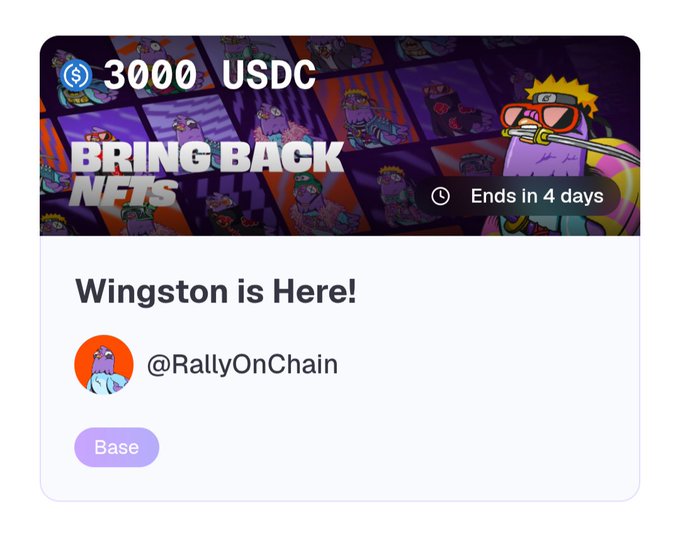 The image features a white background with text that reads "Wingston NFTs are coming soon and it is a completely free mint Holding one actually gives you a Rally Score boost too If you want to get on the whitelist, you just have to join the campaigns over on @RallyOnChain Lock in your spot here : rally/r/farishraq". The text is written in purple and orange colors.