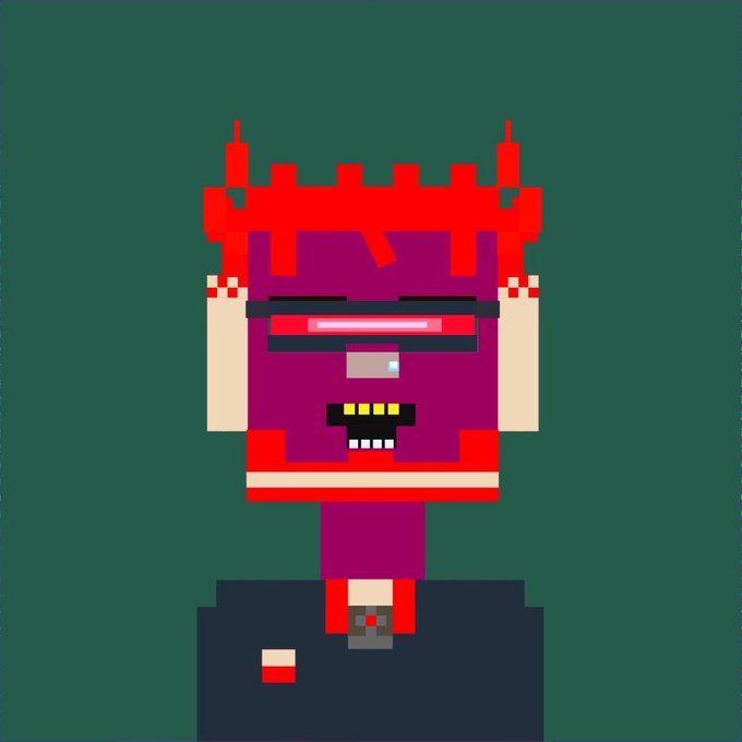 A pixel art portrait of a purple-skinned character wearing a red crown, red sunglasses, and gold teeth against a solid teal background.