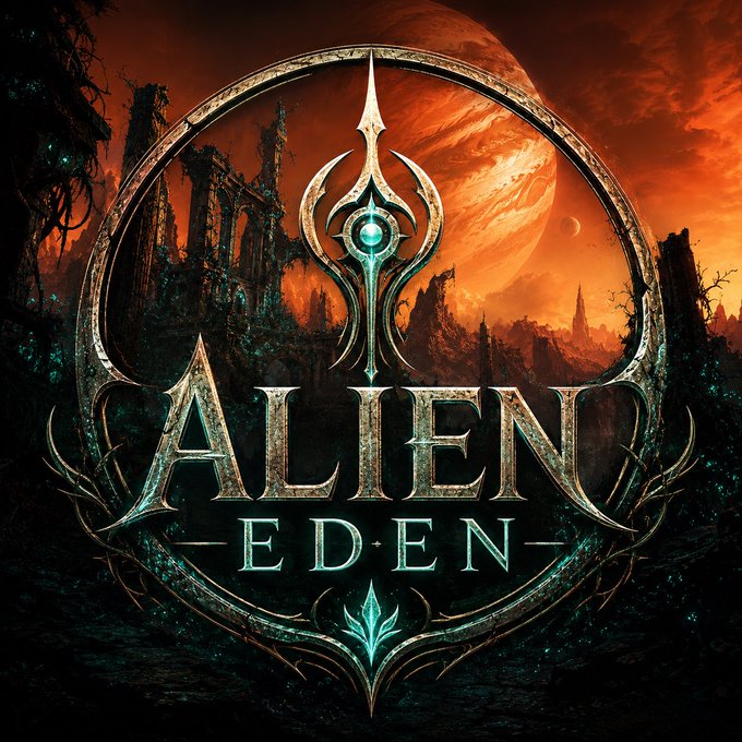 A fantasy sci-fi logo for 'ALIEN EDEN' featuring an ornate teal emblem with an eye-like symbol, set against a dramatic orange sky with ruins and a large planet.