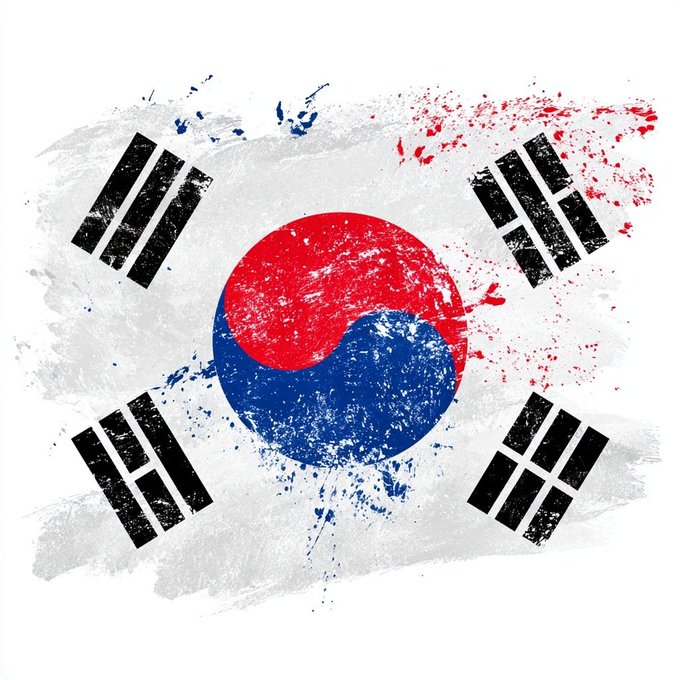 A grunge-style graphic of the South Korean flag with paint splatter effects, featuring the red and blue taegeuk symbol and black trigrams on a white background.