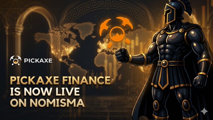 An advertisement for 'PICKAXE FINANCE IS NOW LIVE ON NOMISMA' featuring a gladiator-like warrior holding a glowing bat emblem against a world map backdrop.