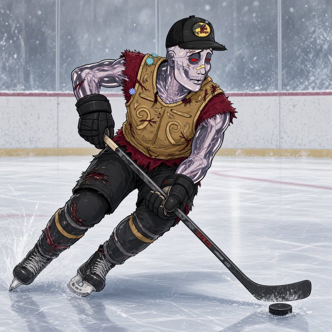 Illustration of a zombie character wearing a cap and gold vest playing ice hockey with a hockey stick on an ice rink.