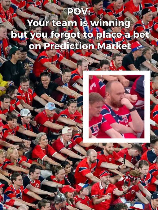 A crowd of fans wearing red Norwegian jerseys celebrates at a sporting event, while one man in the inset box appears stressed and anxious, biting his nails. The overlaid text reads "POV: Your team is winning but you forgot to place a bet on Prediction Market," humorously contrasting the fans' joy with the regret of the upset man who missed out on a potential wager.