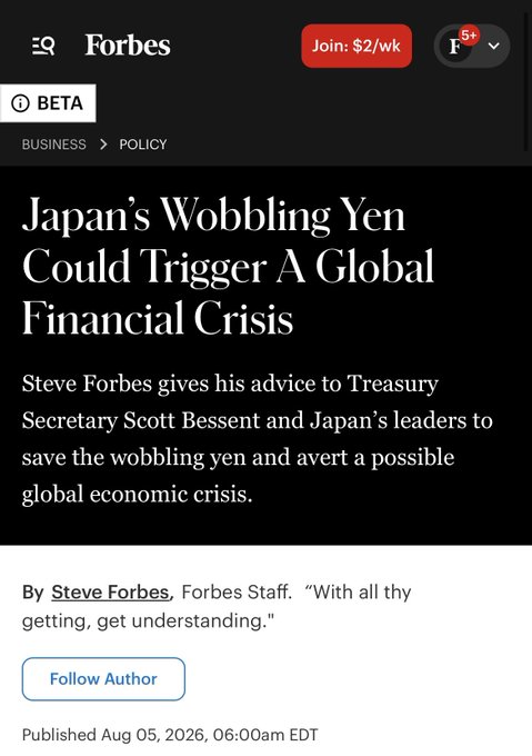 A Forbes article headline titled "Japan's Wobbling Yen Could Trigger A Global Financial Crisis," published Aug 05, 2026 by Steve Forbes, advising Treasury Secretary Scott Bessent on stabilizing the yen and averting economic disaster. The image connects to the post's theme of a looming financial reset, suggesting the yen's instability is part of the broader transition toward a new system where only "coins with clarity" survive.