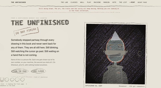 A screenshot of "The Unfinished" NFT project website displaying an interactive onchain drawing of a glitchy, purple-toned character labeled "unfinished no. 1337" with a reading clue "Newweaver ~ 61% got somewhere," promoting a 5 GTD giveaway for the @DONOTFINISH_ collection of 5,555 fully onchain ETH artworks.
