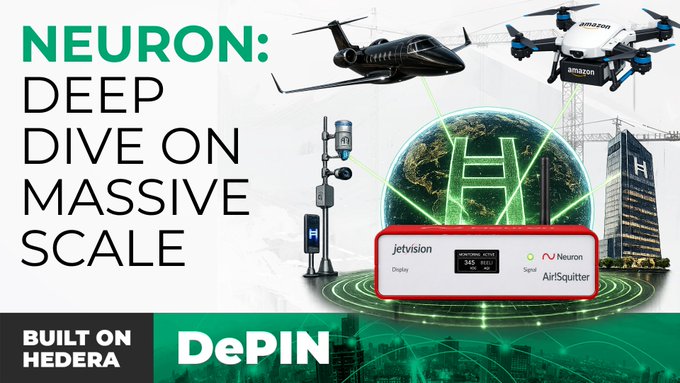A promotional graphic for 'NEURON: Deep Dive on Massive Scale,' showing a helicopter, an Amazon delivery drone, a JetVision AirSquitter device, and the Hedera logo, indicating it's built on the DePIN (Decentralized Physical Infrastructure Networks) framework.