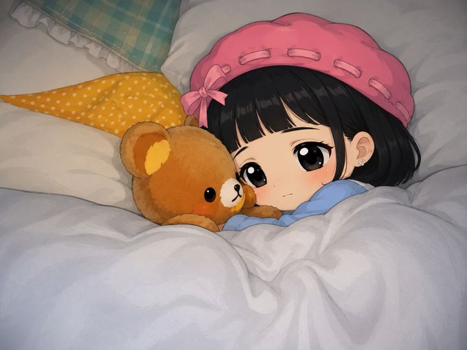 An illustration of an anime-style girl wearing a pink beret, lying in bed with a brown teddy bear under a white blanket.