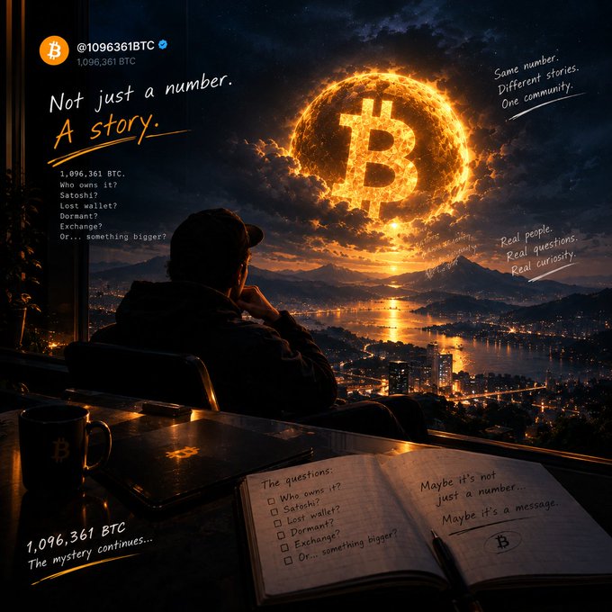Bitcoin-themed artwork for "@1096361BTC" (Satoshi) with the text "Not just a number. A story." featuring a person gazing at a fiery Bitcoin sun over a cityscape, with notes about who owns the 1,096,361 BTC.