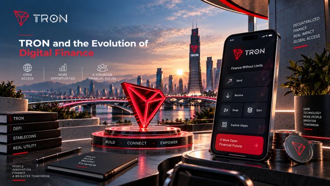 A promotional image for 'TRON' titled 'TRON and the Evolution of Digital Finance,' featuring a glowing red TRON logo on a pedestal, a smartphone displaying a finance app interface, and books labeled 'TRON, DEFI, STABLECOINS, REAL UTILITY'.