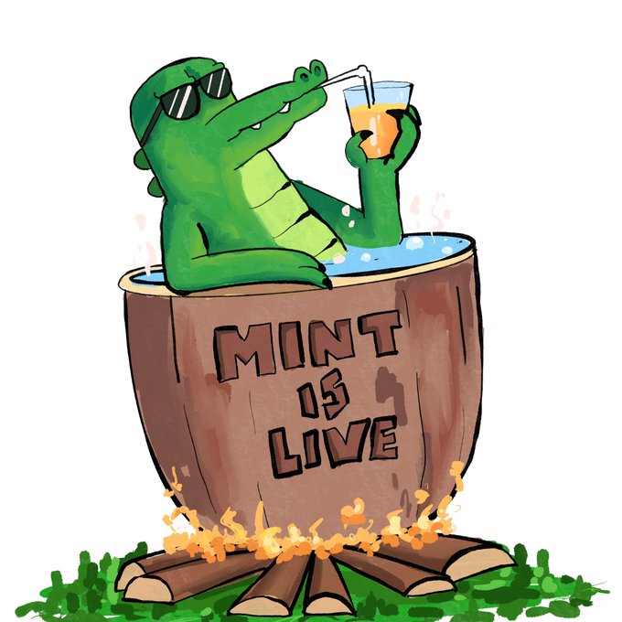 A cool crocodile wearing sunglasses lounges in a wooden barrel labeled "MINT IS LIVE," sipping an orange drink through a straw. The illustration ties into the announcement that the Phase 1 mint at crocpad.fun is officially live, with the genesis collection reveal coming in 24 hours.