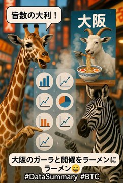 A Japanese infographic featuring a giraffe, goat, and zebra around charts, with the text '大阪のガーラと開運をラーメンにラーメン' and hashtags '#DataSummary #BTC'.