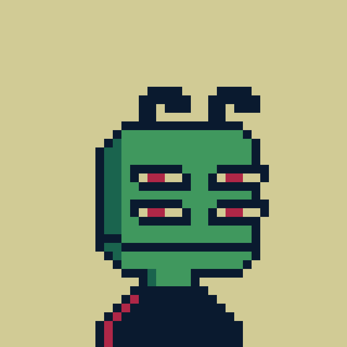 A pixel art illustration of a green alien-like character with antennae and four red eyes, wearing a dark suit, set against a plain yellow background.