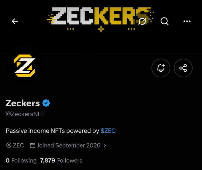 A Twitter/X profile screenshot for 'Zeckers' (@ZeckersNFT) with bio 'Passive income NFTs powered by $ZEC', showing 7,879 followers and joined September 2026.