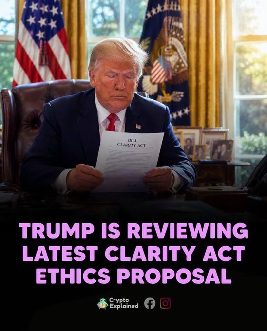 President Trump is shown reviewing a document titled "BILL CLARITY ACT," aligning with the post's news about his review of a bipartisan ethics proposal for the CLARITY Act.