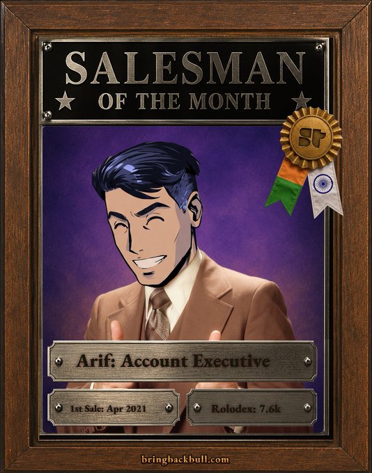 A 'Salesman of the Month' award plaque featuring a cartoon man in a brown suit, a gold ribbon, and the text 'Arif: Account Executive', '1st Sale: Apr 2021', and 'Rolodex: 7.6k'.