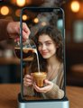 A smartphone displaying a stylized image of a woman pouring a drink, with warm, bokeh-lit lighting in the background.