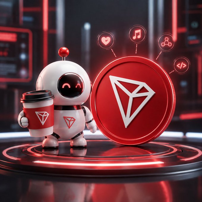 A small white robot with a red antenna holding a coffee cup stands beside a large red TRON (TRX) cryptocurrency coin on a glowing circular platform in a dark, futuristic setting.
