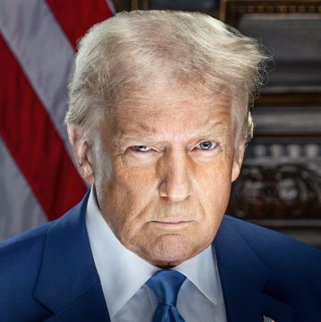 Donald Trump in a navy blue suit and blue tie stands before an American flag, a stern expression on his face as he is depicted urging senators to pass the Clarity Act in a formal White House setting. The image underscores the post's message about the Trump administration's involvement and support for the upcoming legislative vote on the bill.
