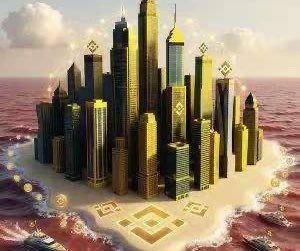 An AI-generated image of a golden futuristic city skyline rising from clouds, with glowing diamond-shaped symbols floating around the skyscrapers.