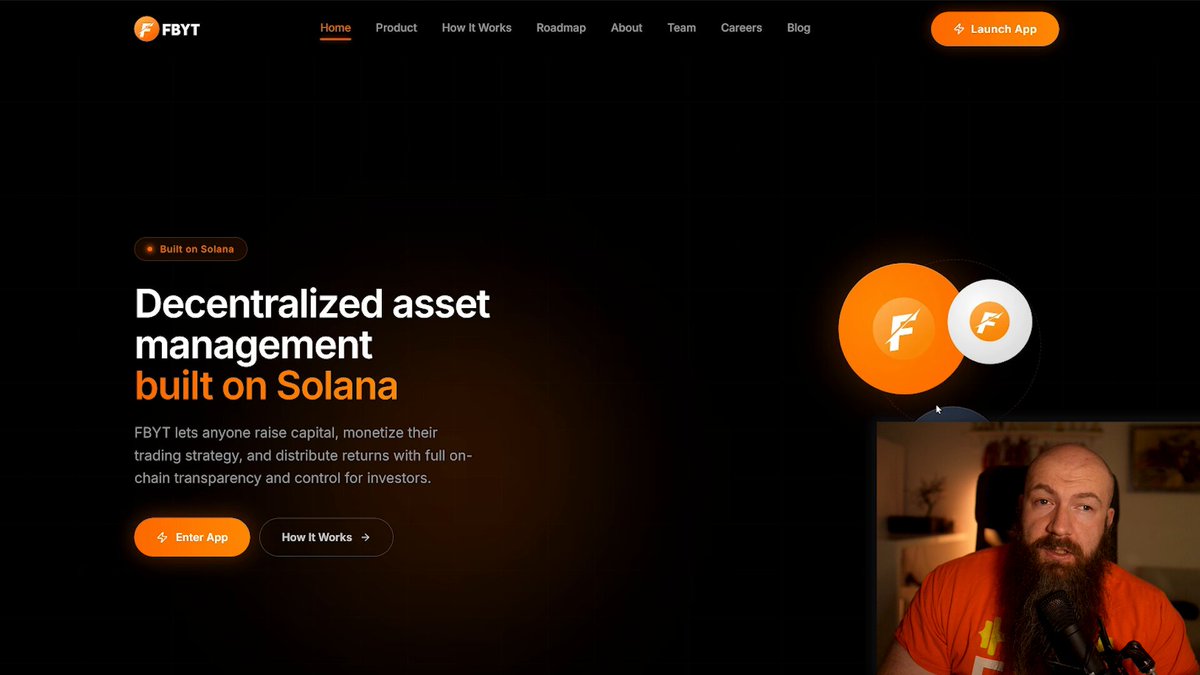 The image features a man with a beard wearing an orange shirt who appears to be giving instructions or explaining something related to the website "vault.fbt" displayed on his computer screen. The website's title reads "vault.fbt", which is likely the name of the vaulting service he is promoting, and it has a link to a video that provides more information about launching a vault.