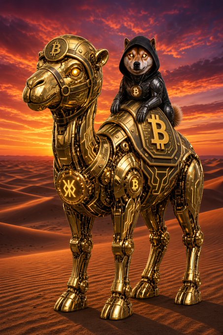 A digital artwork of a robotic, golden horse with Bitcoin logos ridden by a Shiba Inu dog wearing a hoodie, set against a desert sunset.
