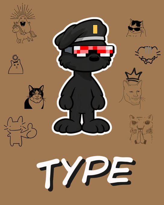 A digital illustration featuring a cartoon black dog wearing pixelated red sunglasses and a black beret, surrounded by various cat meme doodles, with the word 'TYPE' displayed at the bottom.