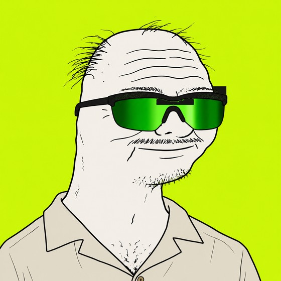 An illustrated portrait of a bald, smiling man with a light beard, wearing green-lensed wraparound sunglasses and a beige collared shirt against a bright yellow-green background.