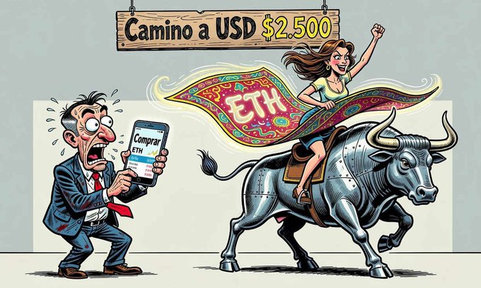 A cartoon illustration showing a woman riding a metallic bull while holding an "ETH" flag, with a shocked man looking at a "Comprar ETH" phone screen, under a sign reading "Camino a USD $2.500".