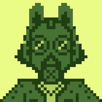 A pixel art portrait of a green, monstrous character with horns, large eyes, and a stitched mouth against a light green background.