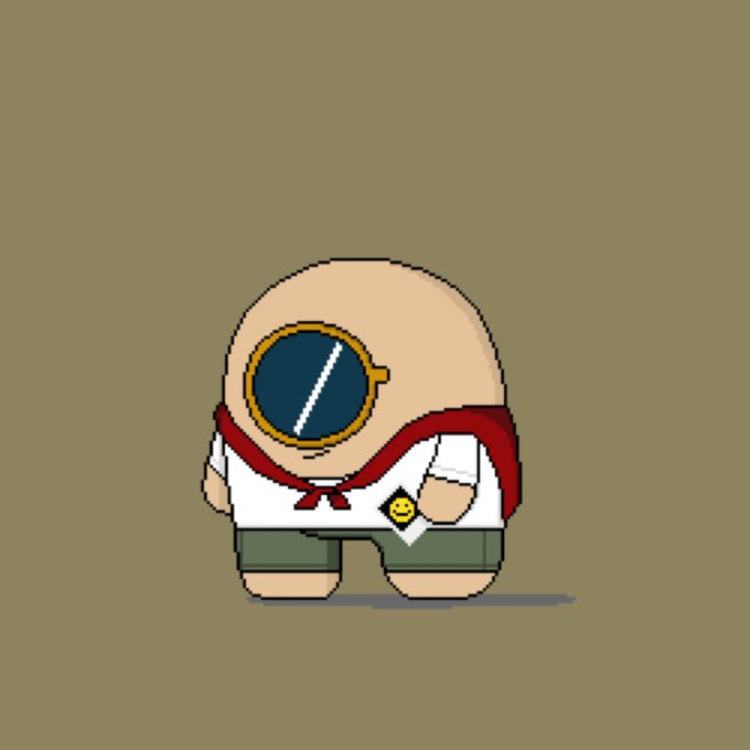 Pixel-art chibi character wearing a sailor-style uniform with a red scarf and a large round diving helmet visor.